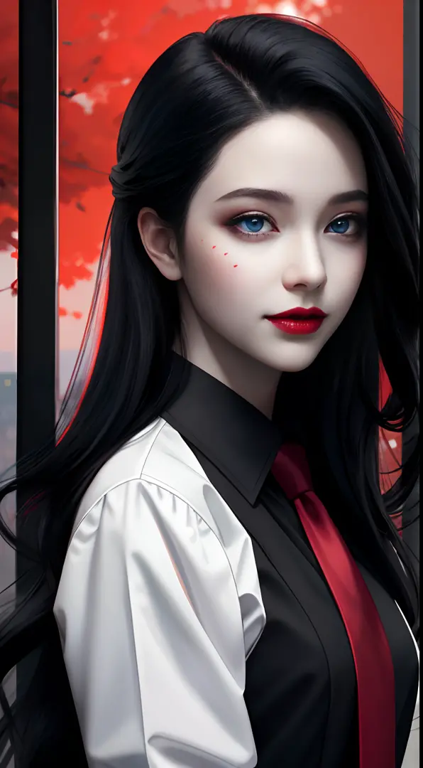 HD, 8K, (((Masterpiece))), (((A high resolution))), ((Best quality)), ((An extremely delicate and beautiful)), Crazy detail and intrusive, Super detailed, Tokyo Ghoul, 1 woman, Solo, black collared shirt, red necktie, Pale skin, large lips, Puffy lips, Bla...