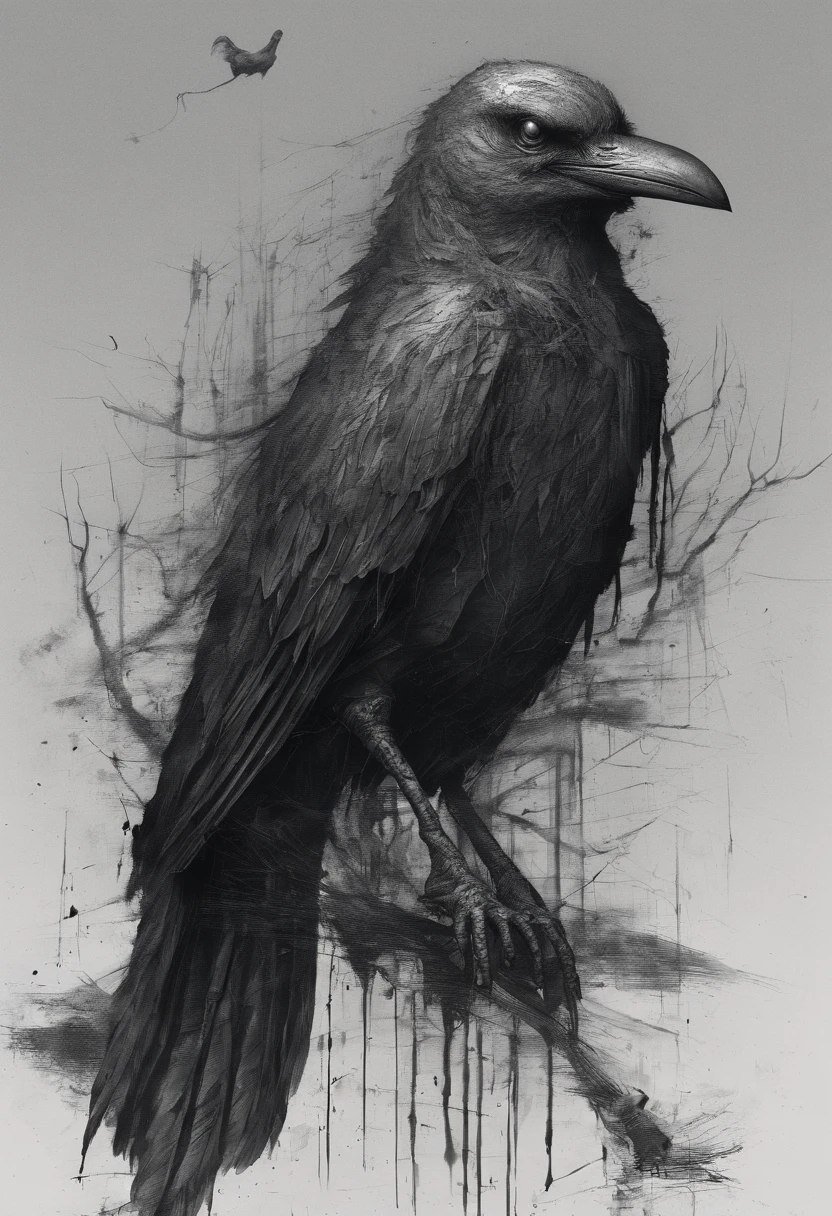 A black and white drawing of a crow sitting on a branch - SeaArt AI