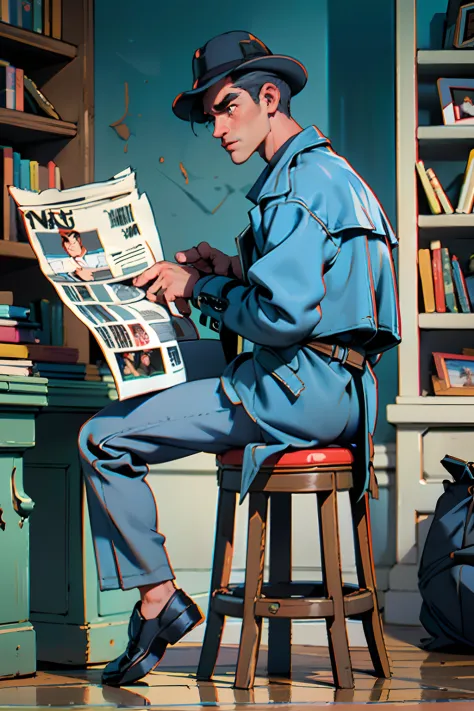 ((Best Quality, 8K, Masterpiece: 1.3)), Sharp: 1.2, square jaw, 1950s detective wearing (trenchcoat: 1.4) dress shoes pleated pants fedora, sitting behind desk, reading newspaper