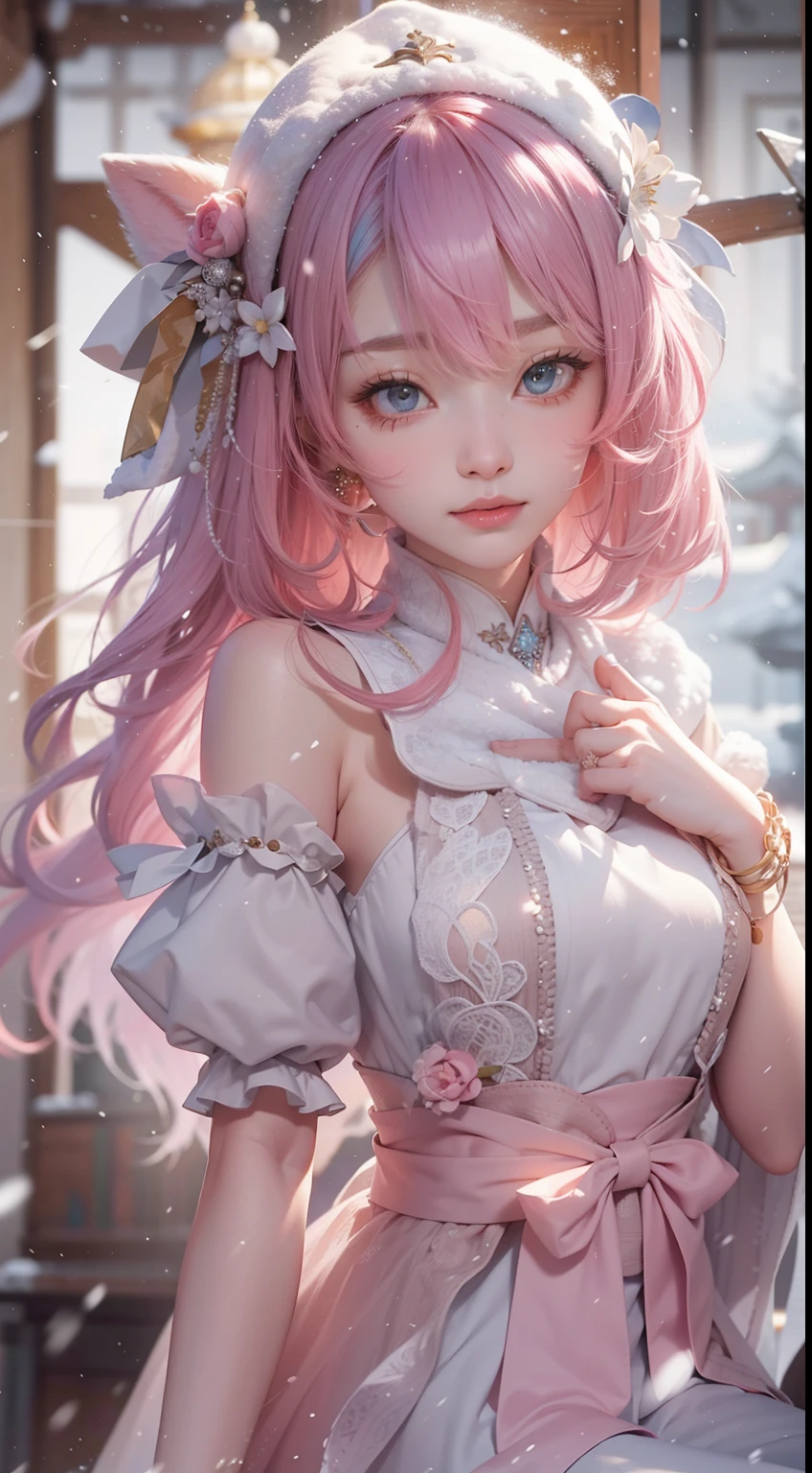 Works of masters，Best image quality，超高分辨率，8K分辨率，Sitting，s the perfect face，Glowing skin，solo person，femele，ssmile，long whitr hair，Pink hair，crossed bangs，Wave head，Bracelet，Collar，pendant，Lolita costume，snowflower，Winters，Temple，New Year，Opal rendering，Cinematic lighting，(Falling snow，cloaks)，