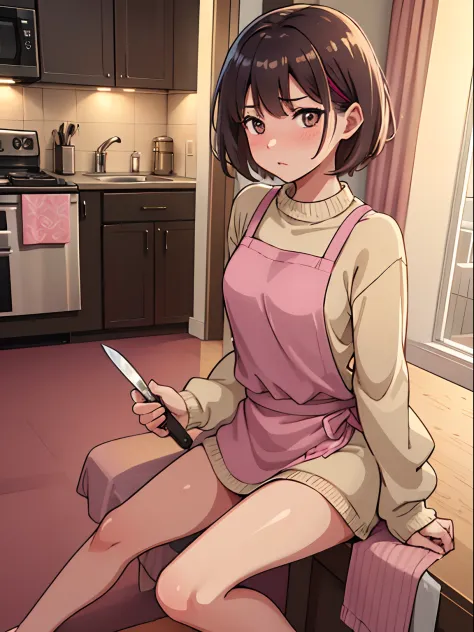 hiquality, tmasterpiece (One adult girl). holding a kitchen knife in his hand. looking aside. short brown hair. blushful. face disturbance. brown eye. The clothes: beige sweater. pink apron. bare feet. In the background is a room, kitchen. red carpet. tabl...