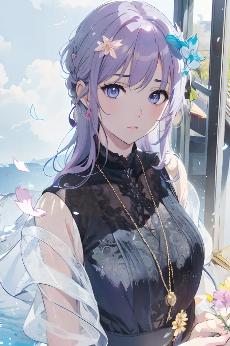 Anime girl with purple hair and blue eyes standing by the window, guweiz, Beautiful Anime Portrait, anime style 4 k, Anime visua...