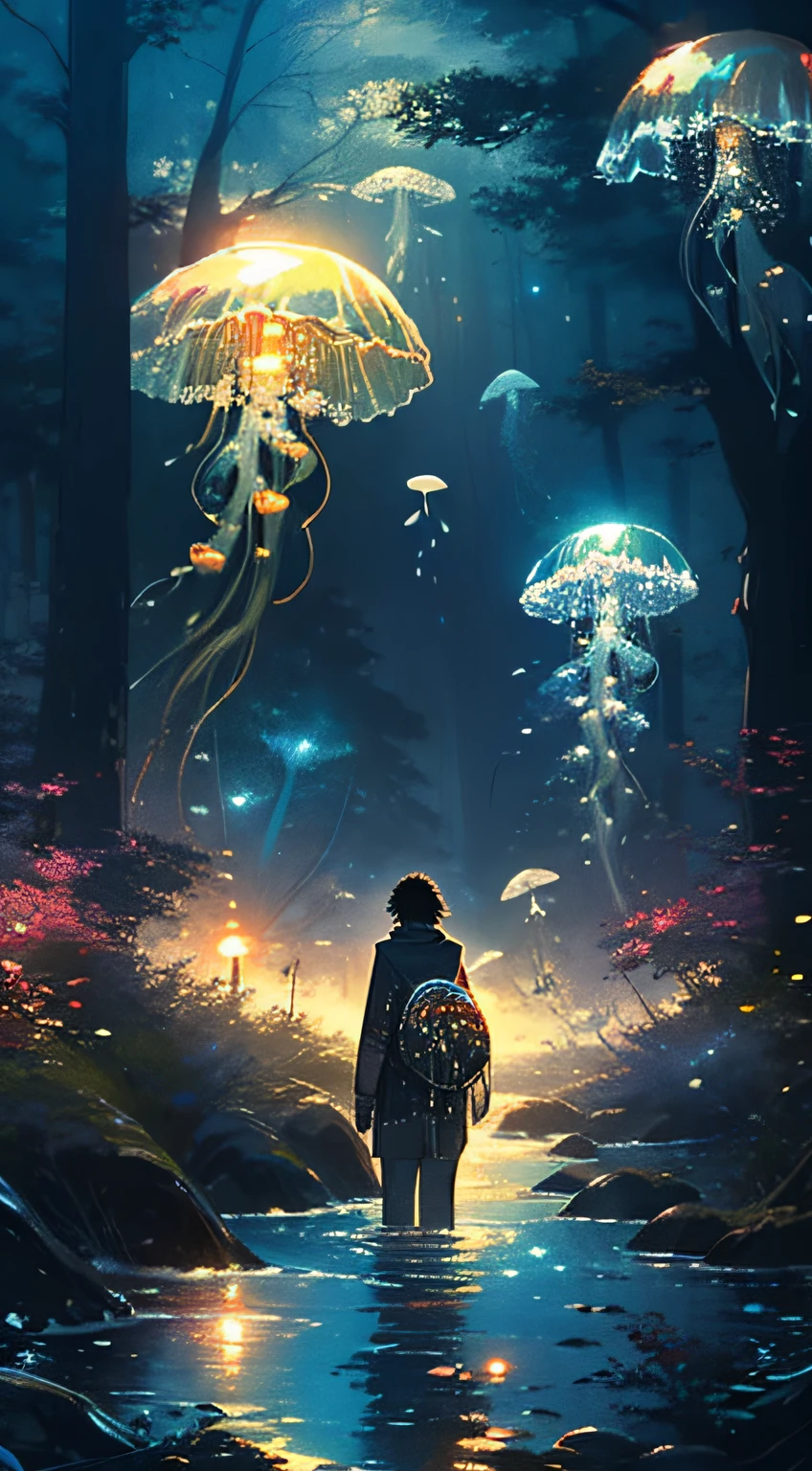 masterpiece, (jellyfishforest:1.4), 1man, short hair, mushroom, scenery, solo, nature, water, wading, outdoors, tree, standing, black hair, fantasy, forest