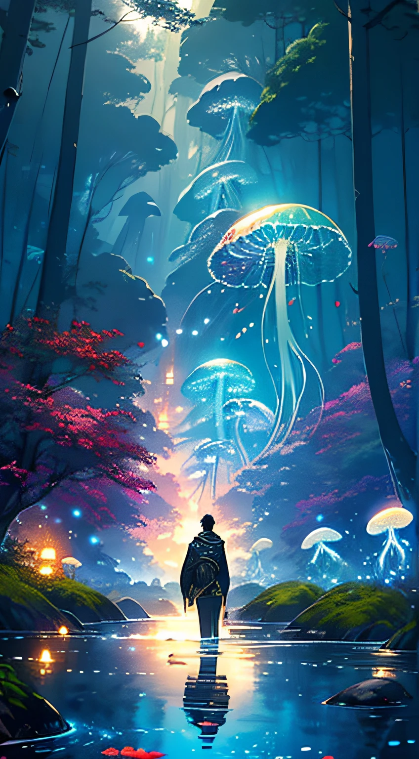 masterpiece, (jellyfishforest:1.4), 1man, short hair, mushroom, scenery, solo, nature, water, wading, outdoors, tree, standing, black hair, fantasy, jungle