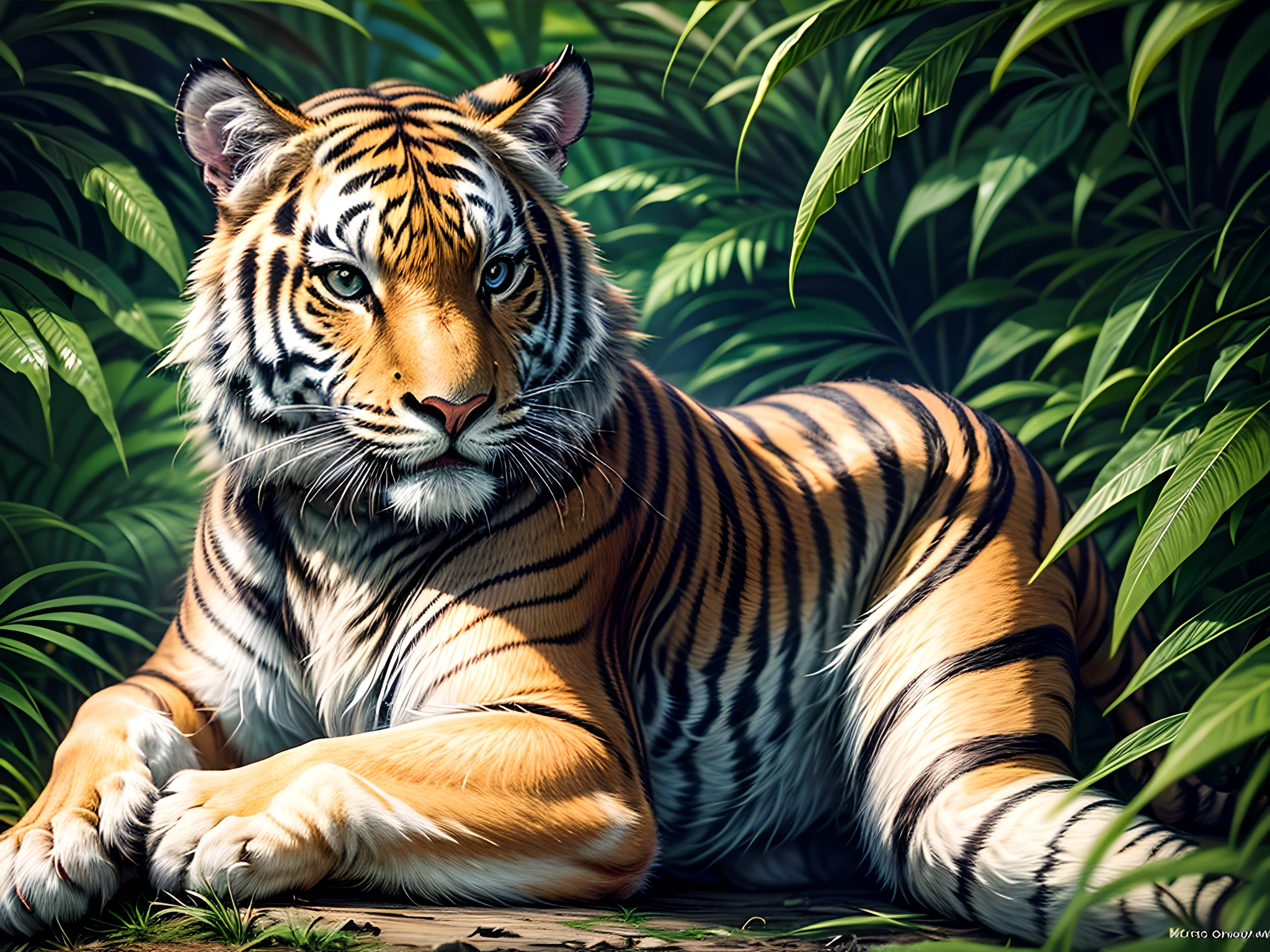 a close up picture of a tiger resting and roaring while sitting in the branches of a tree in the jungle, a close up view on a (tiger: 1.5), feline eyes, bright fur, shining fur, roaring, lying on a tree branch in the jungle, (roaring: 1.2) jungle trees background, best quality, 16k, ultra detailed, masterpiece, best quality, (ultra detailed), full body, ultra wide shot, photorealistic,