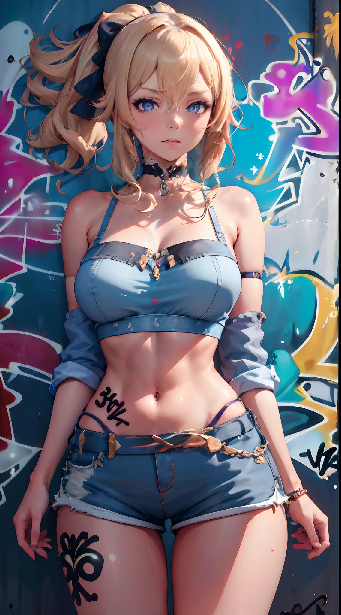 Jean Genshin Effect, master-piece, bestquality, 1girls,25 years old, shorts jeans, oversized breasts, ,bara, crop top, shorts jeans, choker, (Graffiti:1.5), Splash with purple lightning pattern., arm behind back, against wall, View viewers from the front., Thigh strap, Head tilt, bored, water eyes,