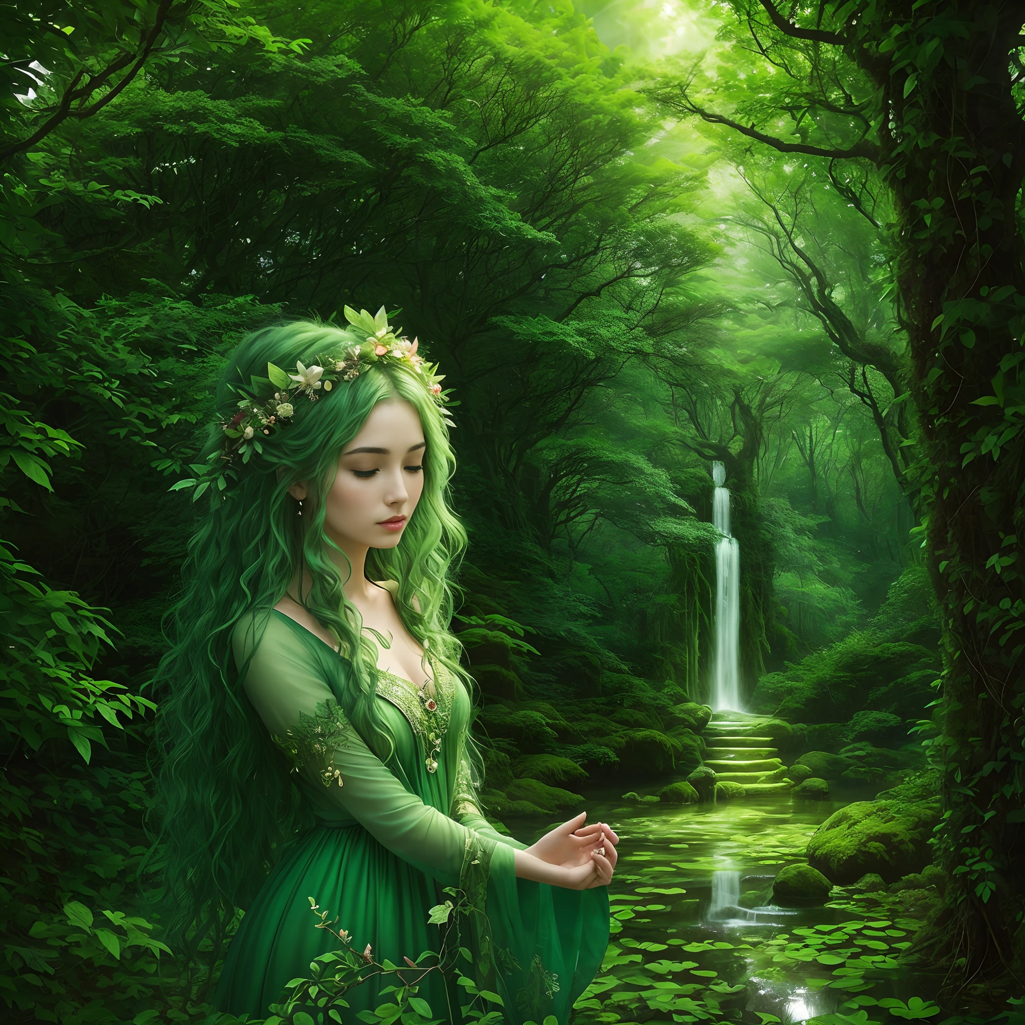 ((Green dress))、D&The captivating depiction of the D Dryad is、Consists entirely of lush vegetation、Visionary Artists、Brought to life by Sylvan Frost Reef。(verdant:1.2)Forms decorated with bright leaves and flowers、(elegance:1.1)Movements reflecting the dances of nature、(Transcendent:1.1)An aura that radiates calm energy、(piercings:1.1)An eye reflecting ancient wisdom、(Whisper:1.1)Tangled leaves in her hair、(harmony:1.1)Connection with surrounding plants、(unveiling ceremony:1.1)The deep bond between the dryad and the natural world、 (capture:1.1)The essence of her plant beauty、(immortal:1.1)The fascination of dryads made with vegetation。