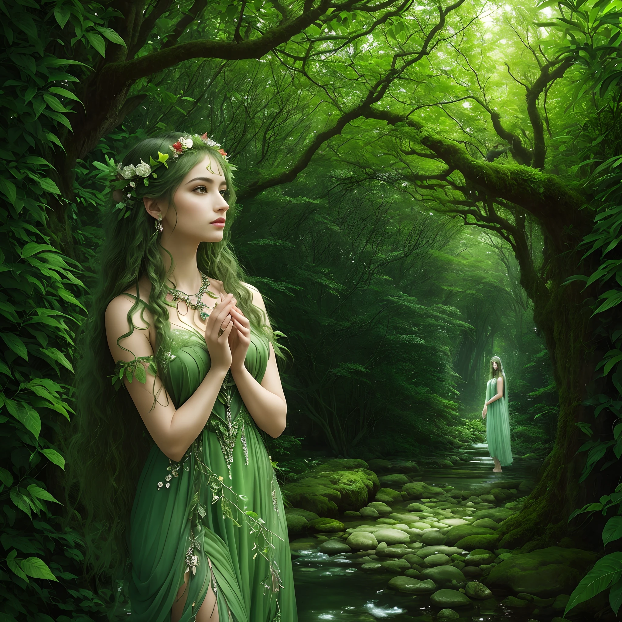 ((Green dress))、D&The captivating depiction of the D Dryad is、Consists entirely of lush vegetation、Visionary Artists、Brought to life by Sylvan Frost Reef。(verdant:1.2)Forms decorated with bright leaves and flowers、(elegance:1.1)Movements reflecting the dances of nature、(Transcendent:1.1)An aura that radiates calm energy、(piercings:1.1)An eye reflecting ancient wisdom、(Whisper:1.1)Tangled leaves in her hair、(harmony:1.1)Connection with surrounding plants、(unveiling ceremony:1.1)The deep bond between the dryad and the natural world、 (capture:1.1)The essence of her plant beauty、(immortal:1.1)The fascination of dryads made with vegetation。