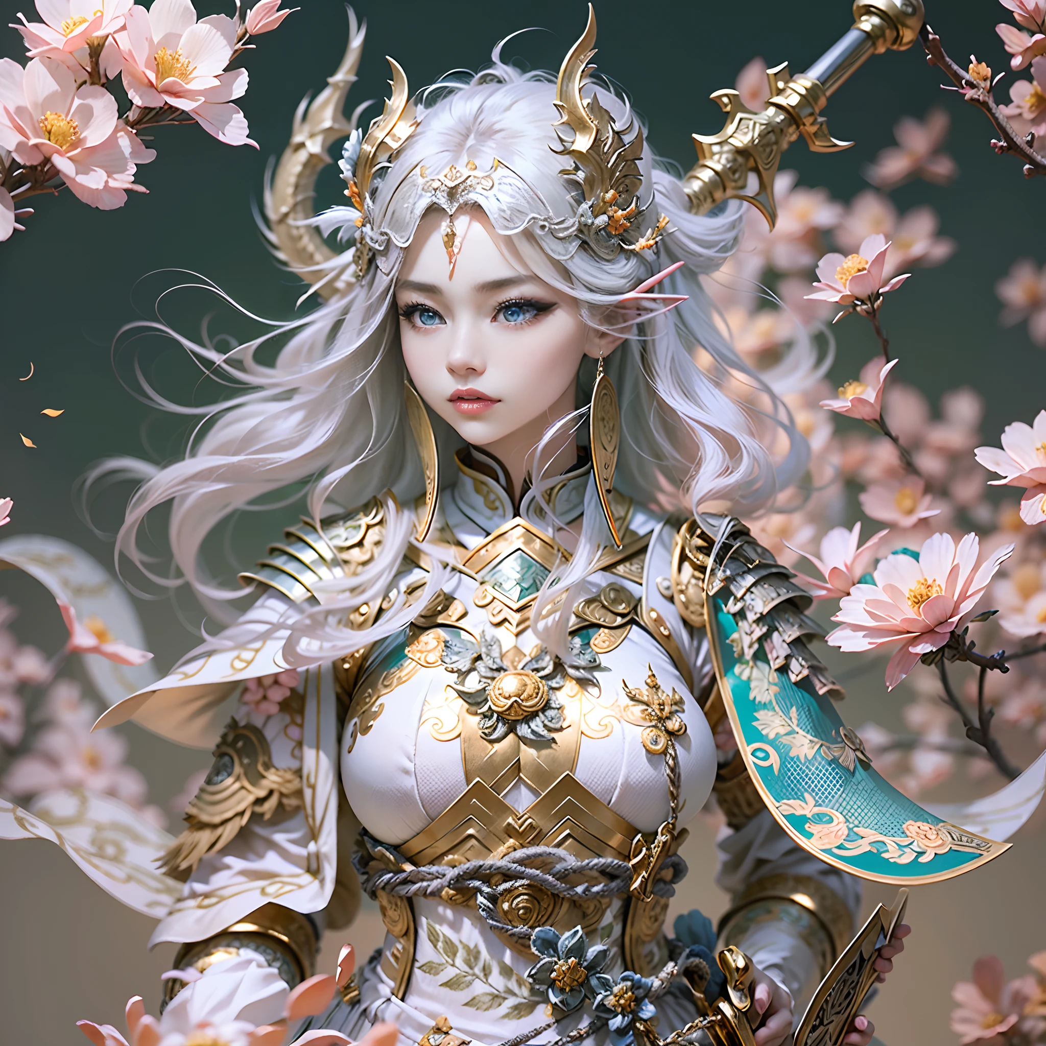 （Blind box toy style：1.2），（fully body photo），1个Giant Breast Girl，Accurate and perfect female face，The body of the golden ratio，Delicate Chinese Ming dynasty lace dress armor，Armed belts，Made of shiny white and silver translucent glass and titanium， joyful expressions, Vibrant colors, Peach blossom background,Peach blossom petals fall, Bright sunlight，Delicate ancient helmet on the head：1.2，blue color eyes：1.2，(holding a longsword，Swing a knife and slash)，(Behind him stands a transparent Chinese dragon)，Oriental elements，Dreamy light，（globalillumination，Ray traching，hdr，The rendering is not realistic，Rational design，high detal，tmasterpiece，best qualtiy，hyper HD，cinmatic lighting)