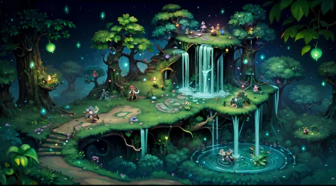 isometric art, lush fantasy rainforest, dryads, fairies, fireflies