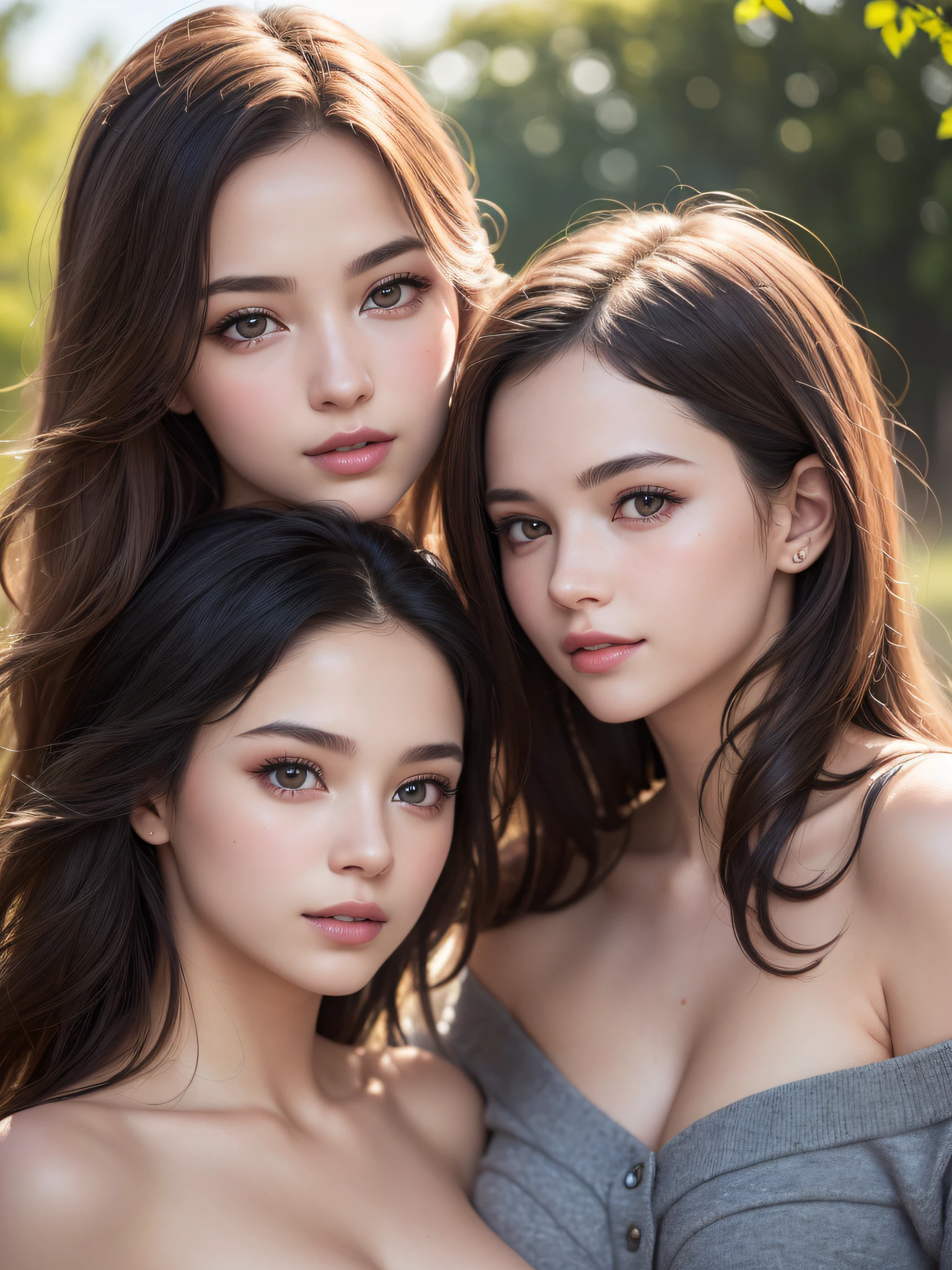 Three beautiful asian women posing for a photo in a park - SeaArt AI