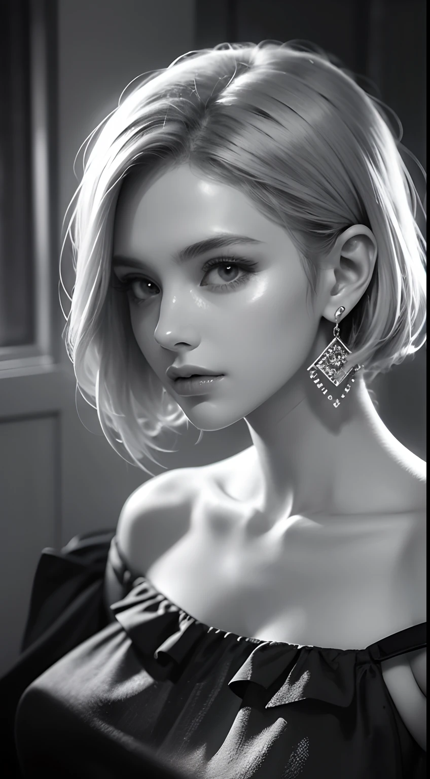 Beautiful girl, high-precision illustrations, monochrome tone effects, chic and sophisticated impression, focus blur envelops her softly, overhead shot composition, pixel-perfect drawing, edge detection, clear expression of details, high-key contrast, tint effect, monochrome world, unique charm, off-shoulder, bust shot, Backlight, Cinematic Light, Retro, Plain Dress, Earrings, Silver Accessories, Short Bob, Long Eyelashes