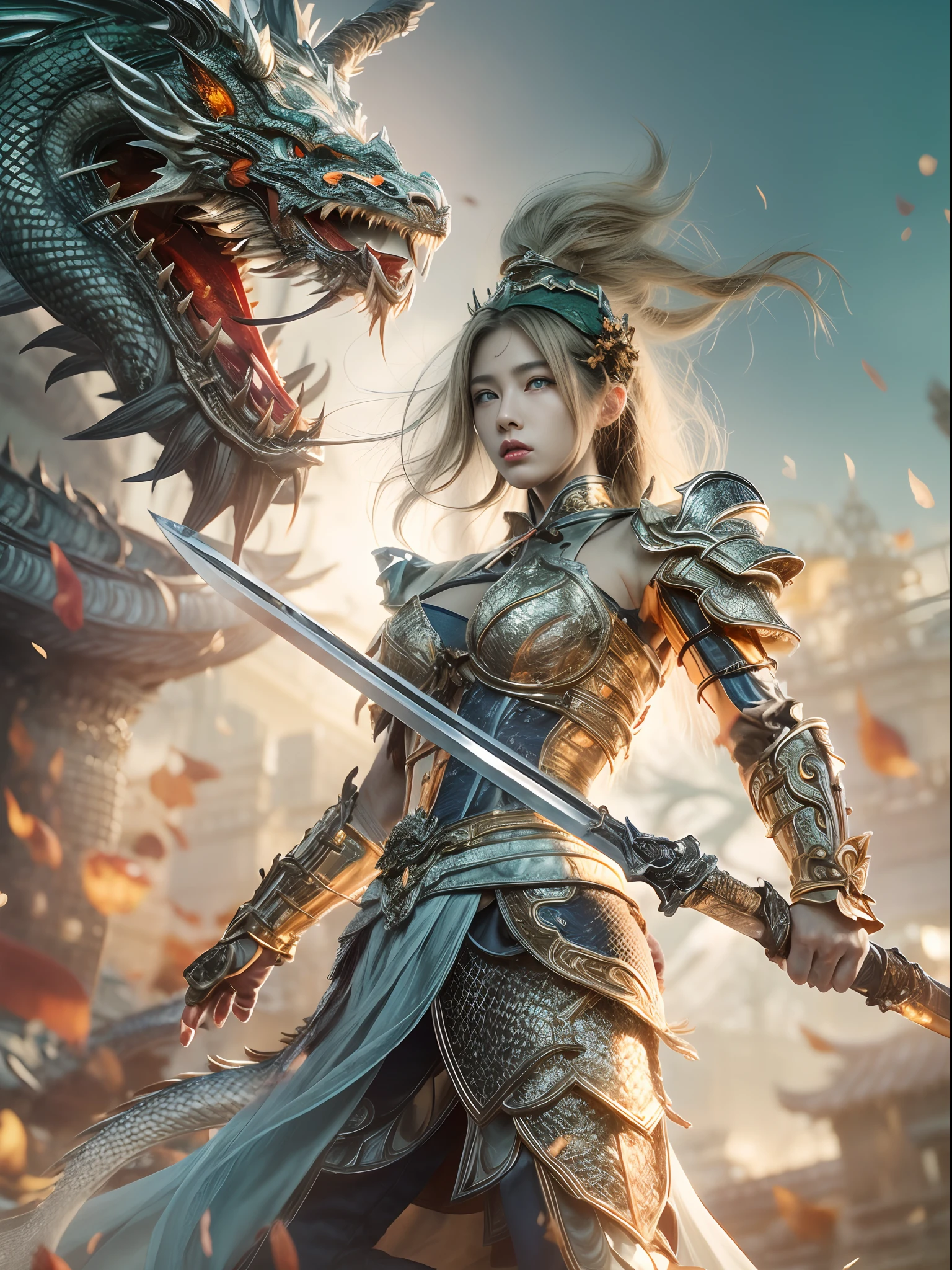 （fully body photo），1个Giant Breast Girl，Accurate and perfect Korean female face，anatomy correct，The body of the golden ratio，Delicate Chinese lace dress armor，Armed belts，Made of shiny white and silver translucent glass and titanium， angry look, Vibrant colors, battleground background,Ashes fall, fire glow，A delicate ancient Chinese helmet on the head:1.2，blue color eyes:1.2，(Long sword in hand，The tip of the sword is facing forward，Swing the sword and slash)，(Behind him stands a transparent Chinese dragon)，Bright sunlight，Oriental elements，Dreamy glow，（globalillumination，Ray traching，hdr，The rendering is not realistic，Rational design，high detal，(tmasterpiece)，best qualtiy，hyper HD，cinmatic lighting)