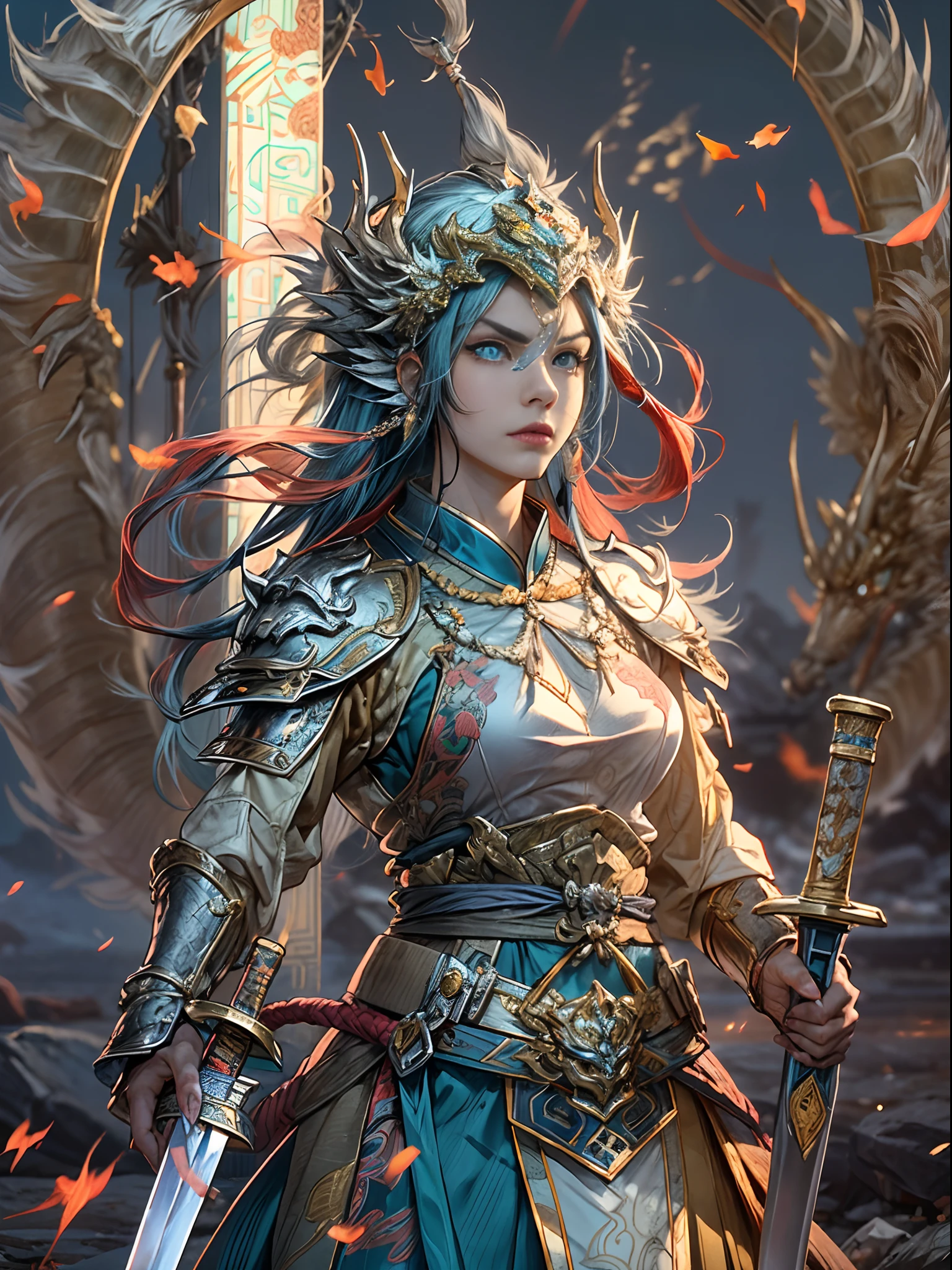 （fully body photo），1个Giant Breast Girl，Accurate and perfect Korean female face，anatomy correct，The body of the golden ratio，Delicate Chinese lace dress armor，Armed belts，Made of shiny white and silver translucent glass and titanium， angry look, Vibrant colors, battleground background,Ashes fall, fire glow，A delicate ancient Chinese helmet on the head:1.2，blue color eyes:1.2，(Long sword in hand，The tip of the sword is facing forward，Swing the sword and slash)，(Behind him stands a transparent Chinese dragon)，Bright sunlight，Oriental elements，Dreamy glow，（globalillumination，Ray traching，hdr，The rendering is not realistic，Rational design，high detal，(tmasterpiece)，best qualtiy，hyper HD，cinmatic lighting)