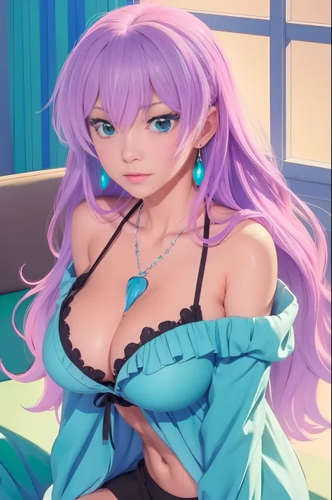 (8k, RAW photos, top quality, masterpiece: 1.2), (realistic, photorealistic: 1.37), (High Quality), (Ultra realistic), (High Details), (Face detail), (Shadow Detail), (big breast : 1.7), wide hips, big butt, 1 girl, solo, light blue eye, pink hair, cyan sh...