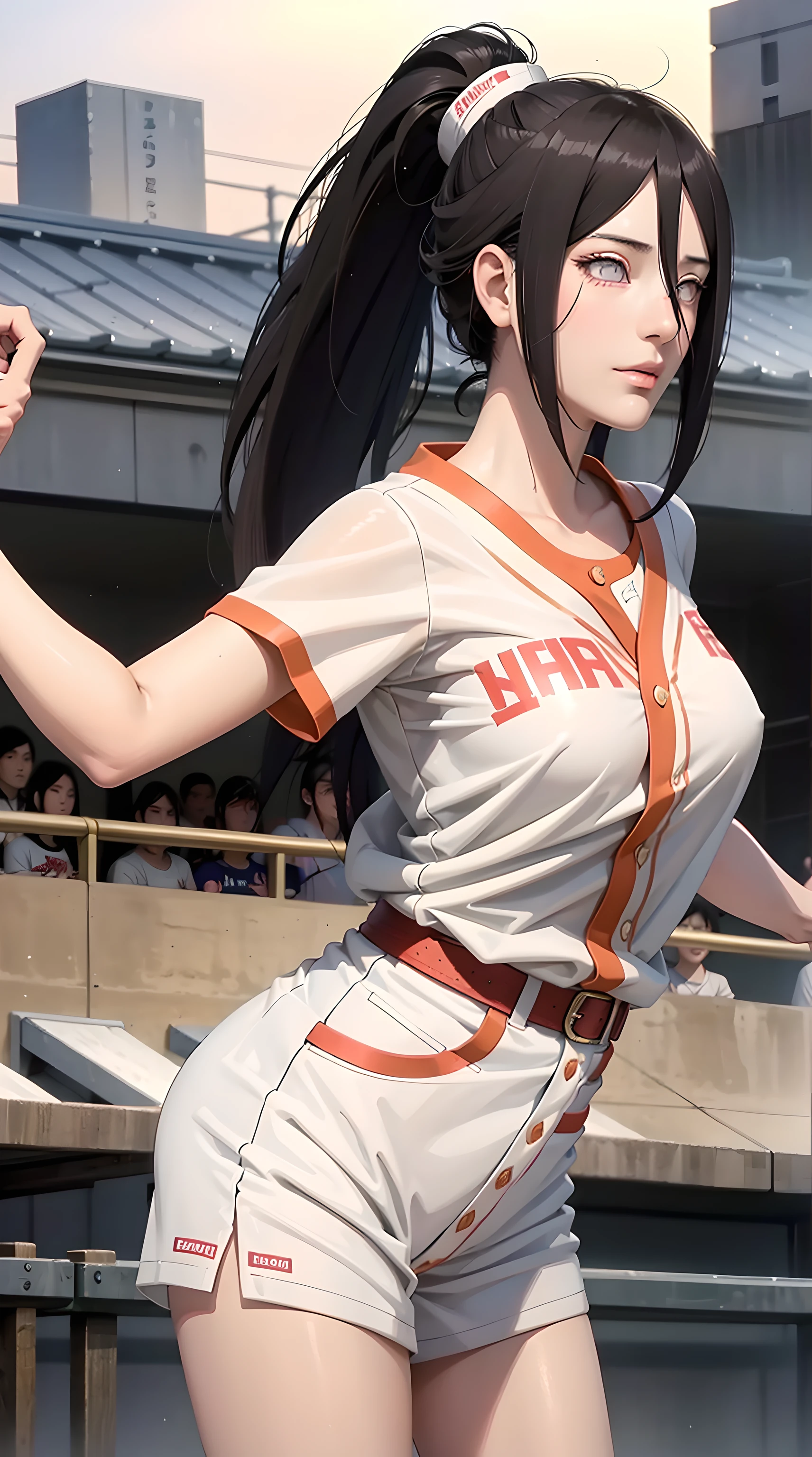 hyuuga hanabi, Cabello largo recogido bajo, banda para el cabello, hana ojos morados, cola de caballo, Hermoso, Hermoso woman, cuerpo perfecto, pechos perfectos, Vestir ropa blanca de béisbol, usando una gorra de béisbol, en el campo de béisbol, sosteniendo un bate de béisbol, mirando al espectador, leve sonrisa, realism, obra maestra, piel texturizada, Súper detalle, Alto detalle, alta calidad, mejor calidad, 1080p, 16k