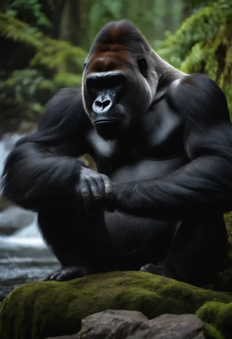 A muscular gorilla meditating like a Buddhist in the forest in front of a waterfall