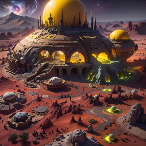 Alien base (Very detailed) In the mountainous desert，There are several exhaust air fans and yellow chimneys, Some neon spotlight...