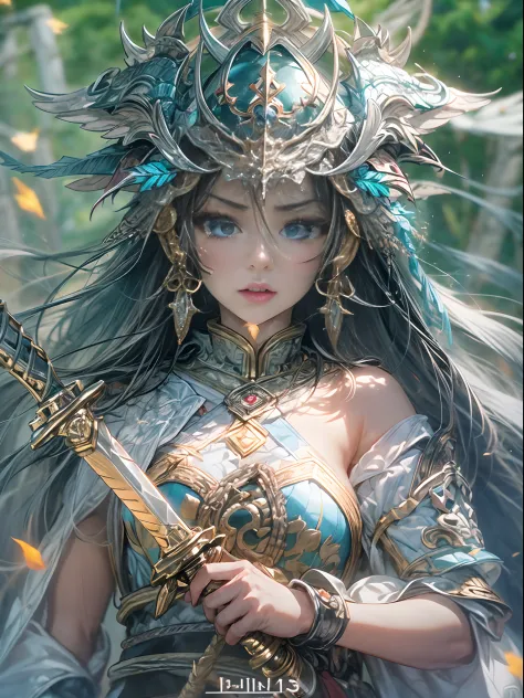 （fully body photo），1个Giant Breast Girl，Accurate and perfect Korean female face，anatomy correct，The body of the golden ratio，Delicate Chinese lace dress armor，Armed belts，Made of shiny white and silver translucent glass and titanium， angry look, Vibrant col...