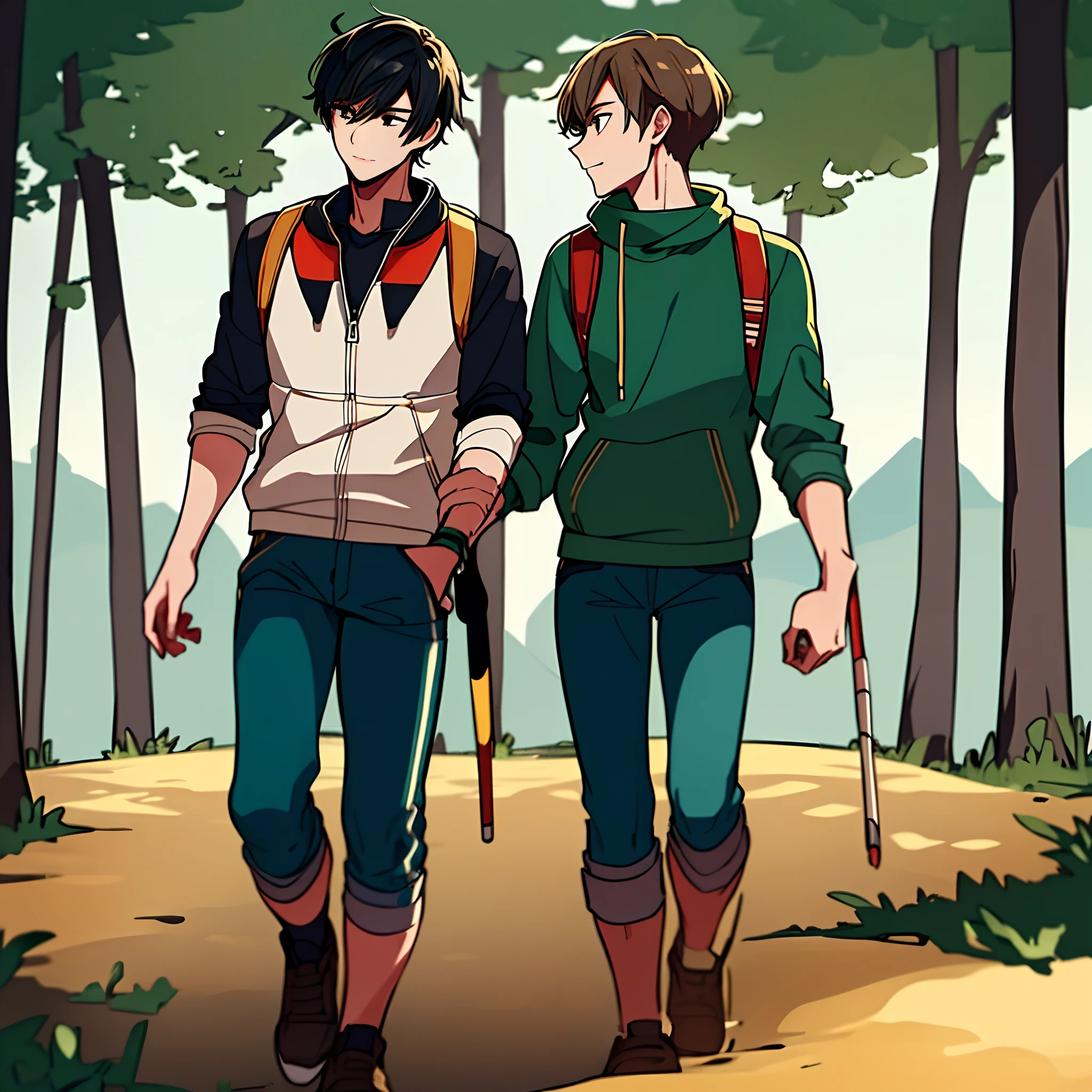 Anime image of two people walking in the woods with a backpack - SeaArt AI