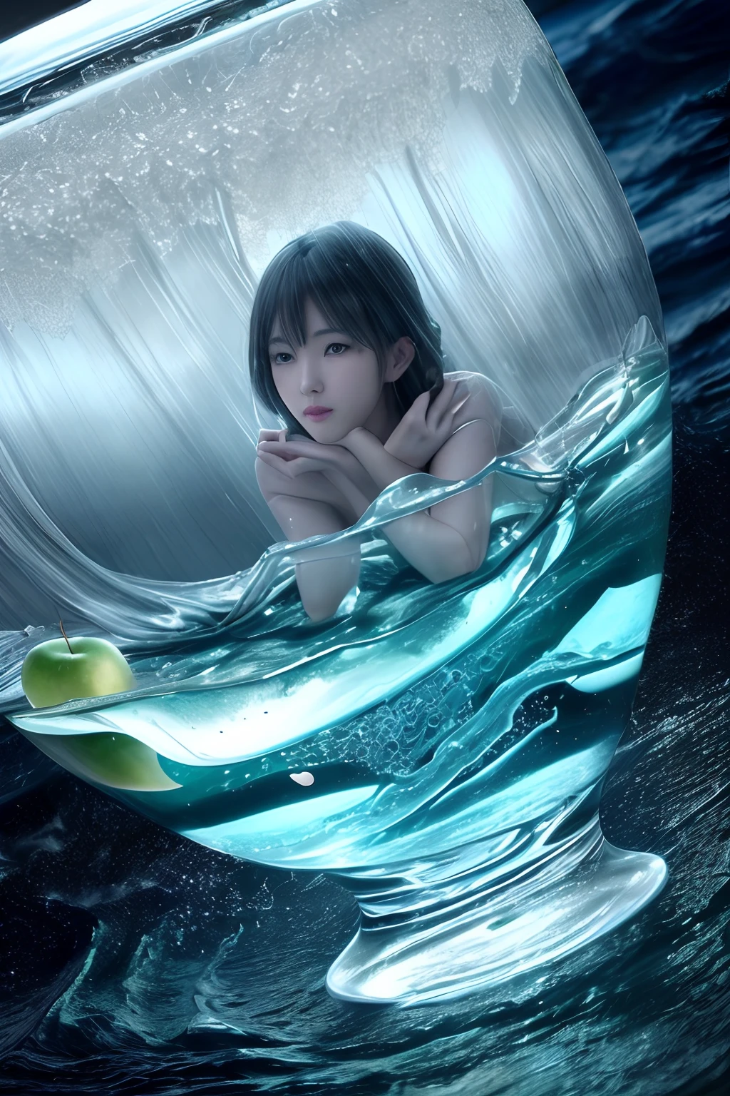 /imagine photorealistic, 8k, Makoto Shinkai style. Beautiful angel. Perfect body, perfect face with smile. She wears thin silk summer light blue dress. lovely double exposure image by blending together a stormy sea and a glass apple. The sea should serve as the underlying backdrop, with its details subtly incorporated into the glossy glass apple, sharp focus, double exposure, glossy glass apple, (translucent glass figure of an apple) (sea inside) lifeless, dead, glass apple, earthy colors, decadence, intricate design, hyper realistic, high definition, extremely detailed, dark softbox image, raytracing, cinematic, HDR, photorealistic (double exposure:1.1)