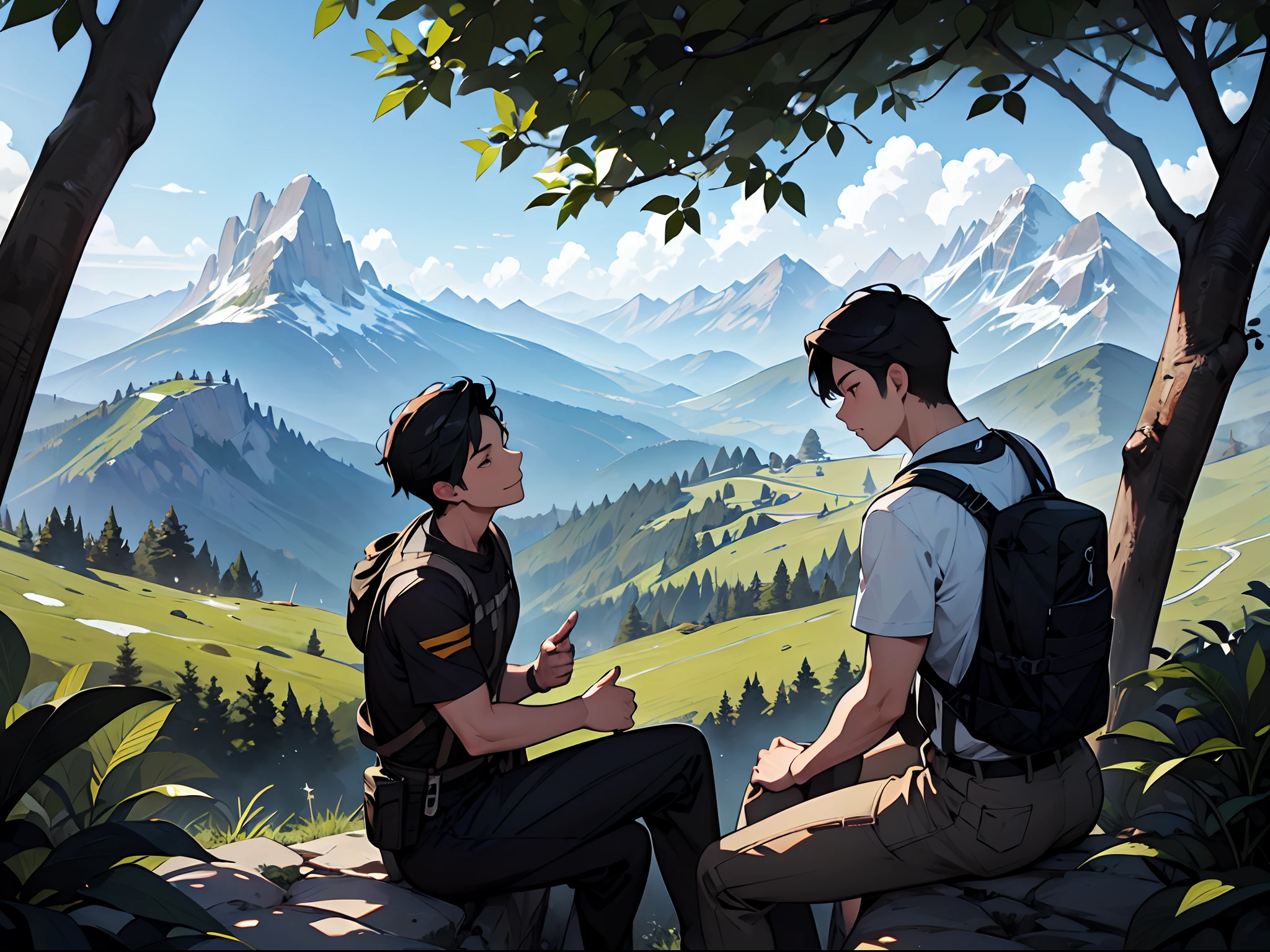 Anime scene of two young men sitting on a rock in the mountains - SeaArt AI