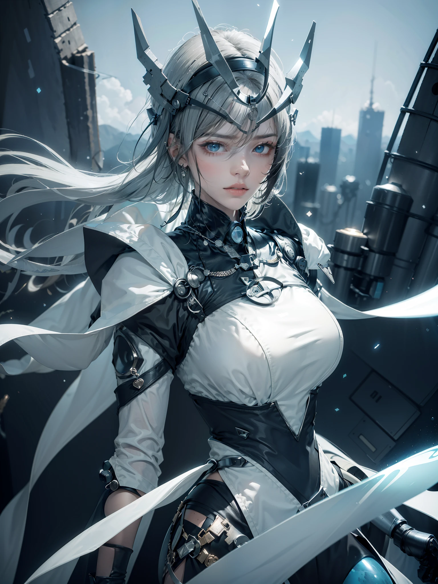 (Masterpiece, best quality), robot, anime, black white metal on the upper part of the body, black white metal on the lower part of the body, a round blue light emitting part on the chest, flying posture, the back is the universe, the back is floating on the giant planet, silver long hair, blue eyes, illustrations, looking at the audience, the best beautiful girl, a girl