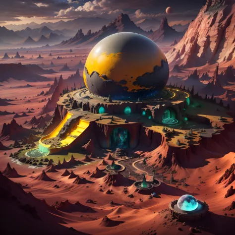 Alien base (Very detailed) In the mountainous desert，There are several exhaust air fans and yellow chimneys, Some neon spotlight...
