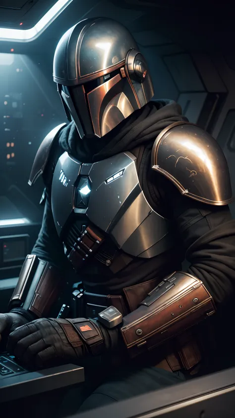 (((no human))),RAW photo, cinematic masterpiece, majestic epic composition, dvd screenshot of 2022 george lucas movie The Mandalorian, DVD screengrab, 2022s cinema, (movie scene, Mandalorian in the glass cockpit of a spaceship, behind the controls/), full ...