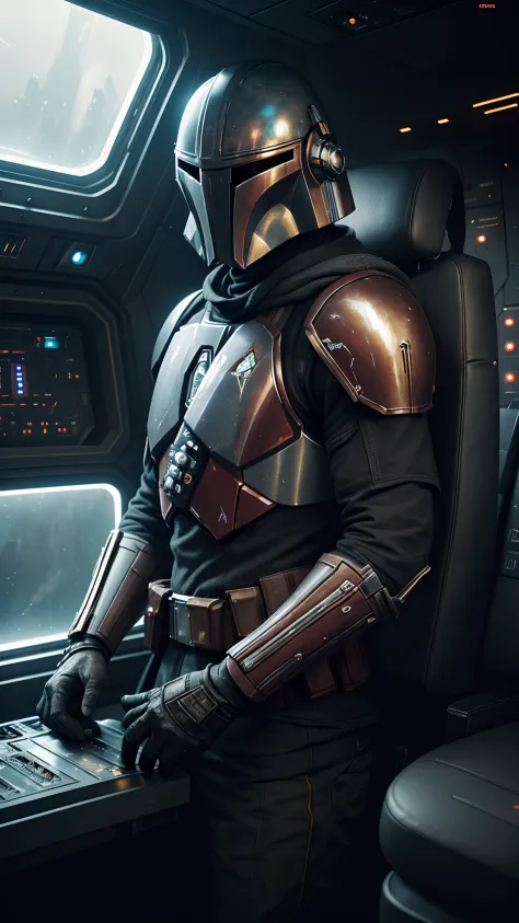 (((no human))),RAW photo, cinematic masterpiece, majestic epic composition, dvd screenshot of 2022 george lucas movie The Mandalorian, DVD screengrab, 2022s cinema, (movie scene, Mandalorian in the glass cockpit of a spaceship, behind the controls/), full ...