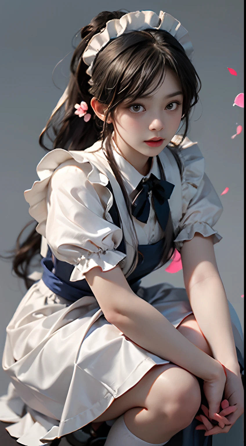 Top quality, Masterpiece, 超高分辨率, (Photorealistic: 1.4), RAW photo, 1 girl, English maid, Ruffled maid headband, pony tails, Braided hair, Ruffle blouse, Ribbon Ties, aprons, Long skirt, Puff sleeves, White silk ankle socks，frilld, Glowing skin, No gray background, Flowers, crouched