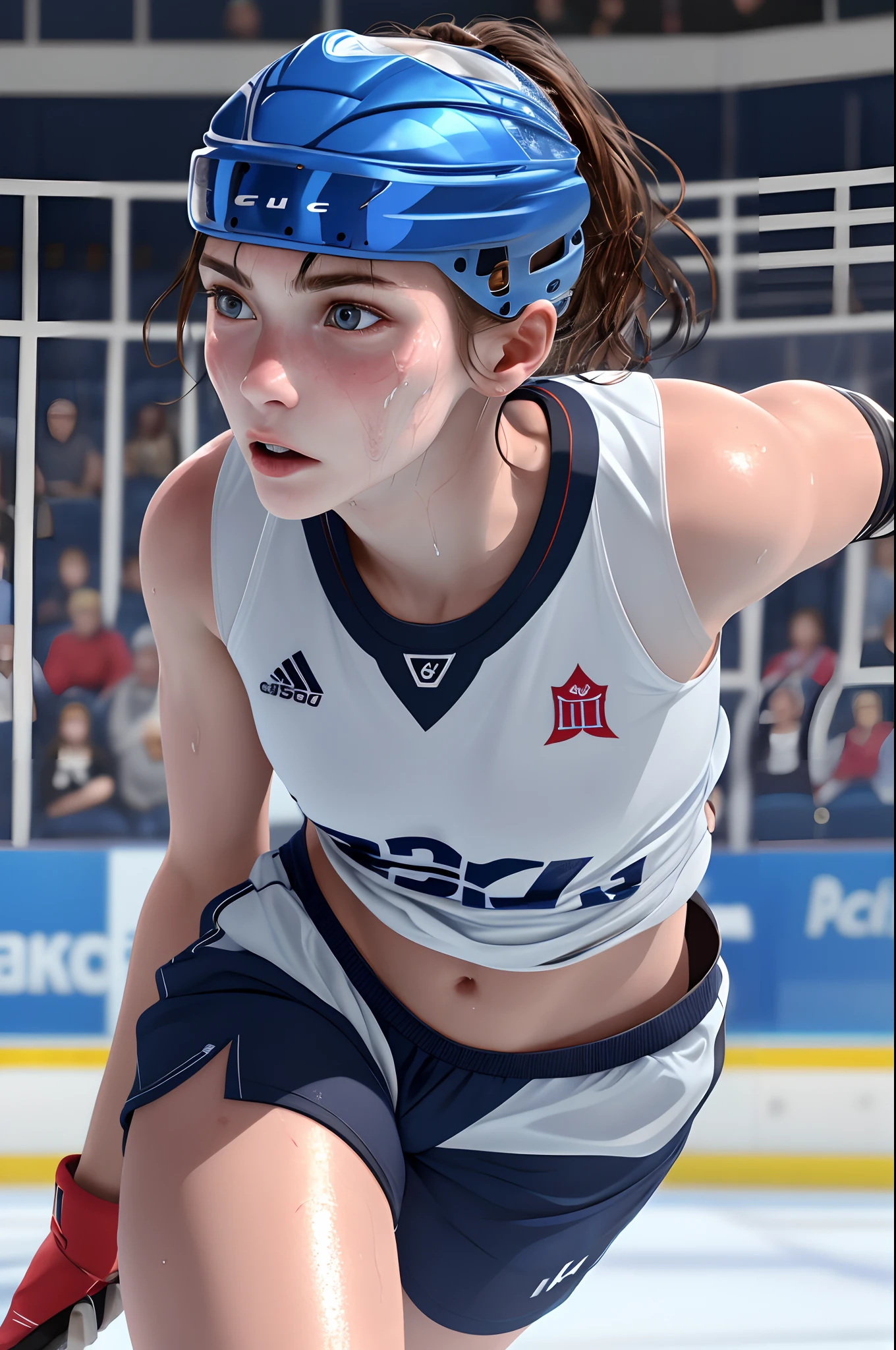 1girl in, (8K, Raw photo, Best Quality:1.2), (Realistic, Photorealsitic:1.37), Solo,Ultra-detailed,Ice hockey player,Teenage girl, (Detailed beautiful face)small head,Cute face, (Detailed realistic skin),shiny skins ,Wet skin,Sweat,  Sporty,At the ice hockey competition venue