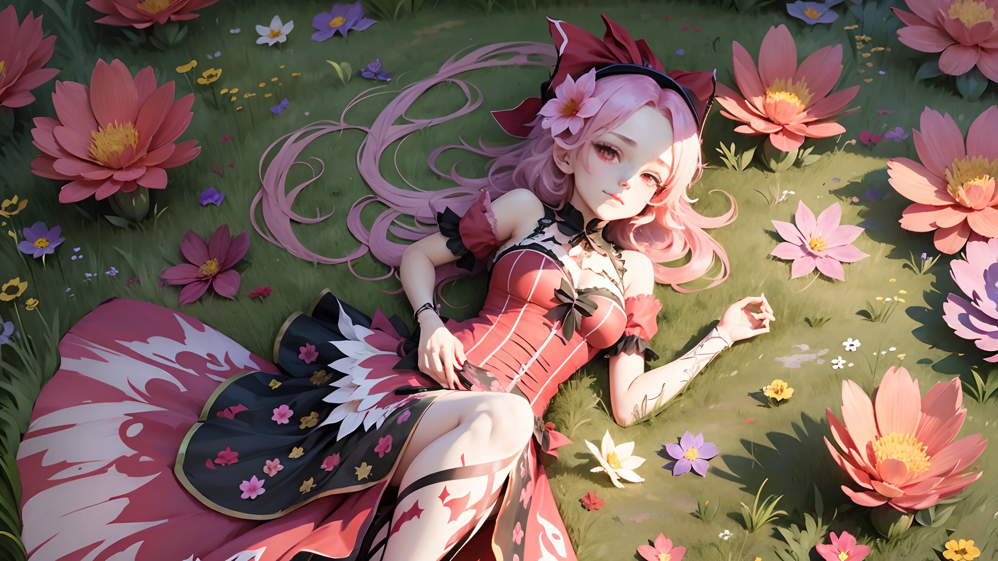 Anime - style image of a woman laying on a bed with flowers - SeaArt AI