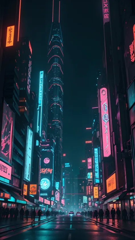 A bustling city street at night, filled with towering buildings and neon lights. The streets are devoid of human presence, instead occupied by glowing robots and orange mechs patrolling the area. The robots emit a faint glow, their eyes shining brightly in...