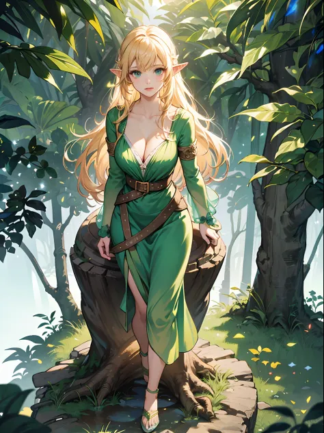 Beautiful elf, blonde long hair, green dress, v neck, cleavage, elf ear, standing above big tree trunk, (light fantasy:1.1), (fantasy jungle:1.3), firefly, glitter, (masterpiece:1.2), vibrant,best quality, (ultra-detailed CG unity 8k wallpaper)