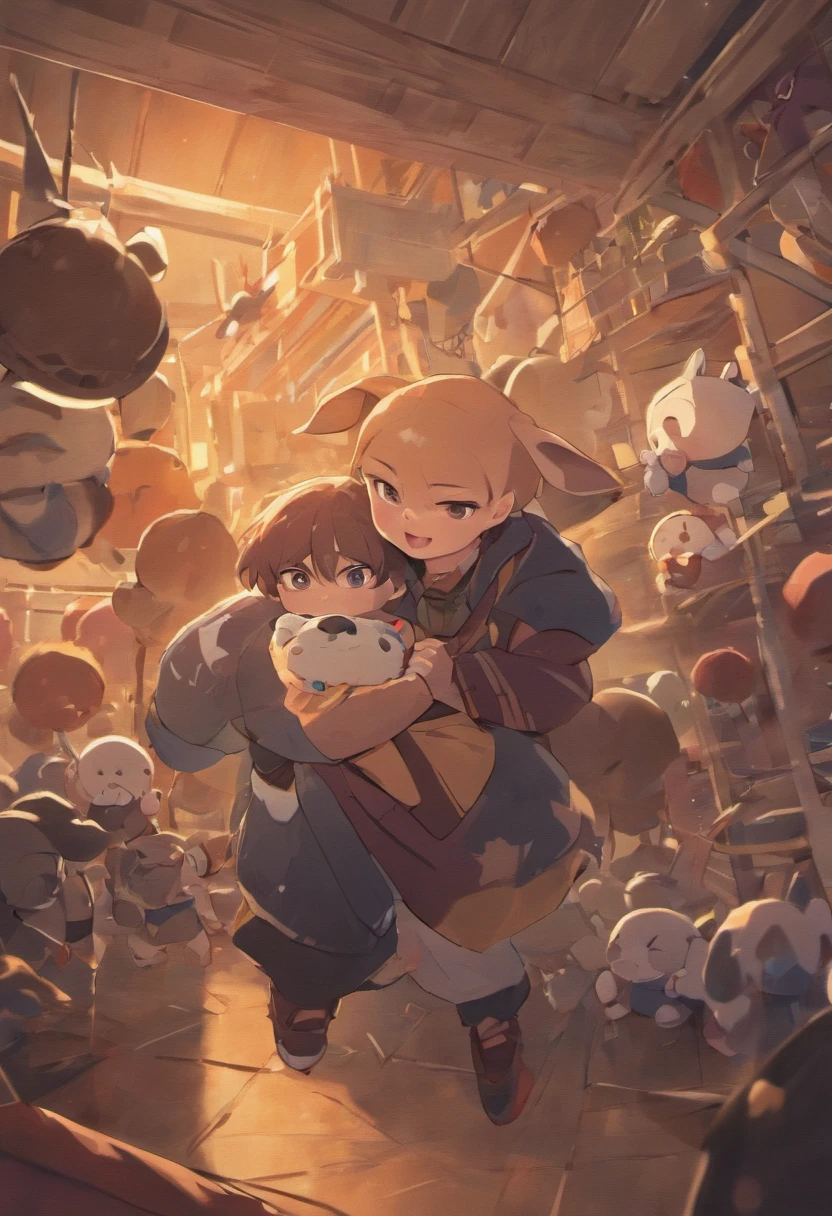 Anime girl hugging a teddy bear in a room full of stuffed animals - SeaArt  AI