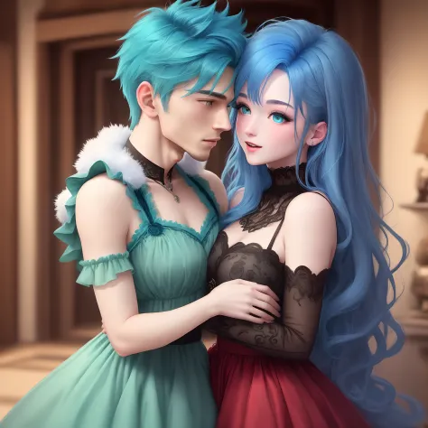 Blue-haired guy with blue blue hair in a duke costume kissing a girl with crimson hair and emerald eyes in a fluffy green dress