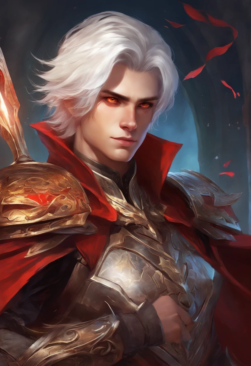 1boy, white hair. red eyes, demoic, hi-tech, red armor, red cape, dual wileder daggers, post apocalyptic ciy, high res, ultrasharp, 8k, masterpiece, looking at viewer