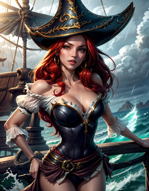 (masterpiece), best quality, expressive eyes, perfect face, Miss Fortune from League of Legends, pirate hat, action pose, red hair, pirate ship, rain, storm, ocean