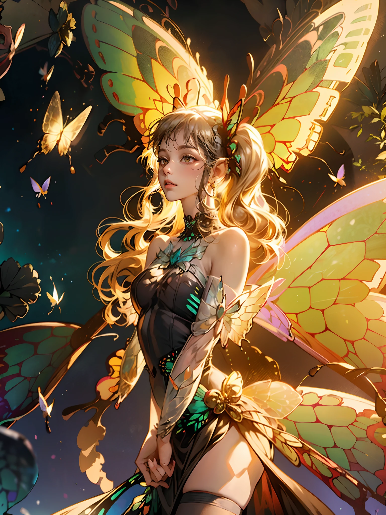 woman with a drink in her hand and a fairy costume, ((beautiful transparent butterfly wings:1.5)), ((glittery wings)),  fantasy illustration, calm and peaceful facial expressions,silver pedals blowing around, cowboy shot, perfect anatomy, ((perfect shaped two arms)),detail face,break, ((glowing)) fantasy forest, break.glittering ((long)) dress ,((black)) transparent stockings,