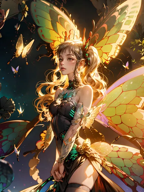 woman with a drink in her hand and a fairy costume, ((beautiful transparent butterfly wings:1.5)), ((glittery wings)),  fantasy ...