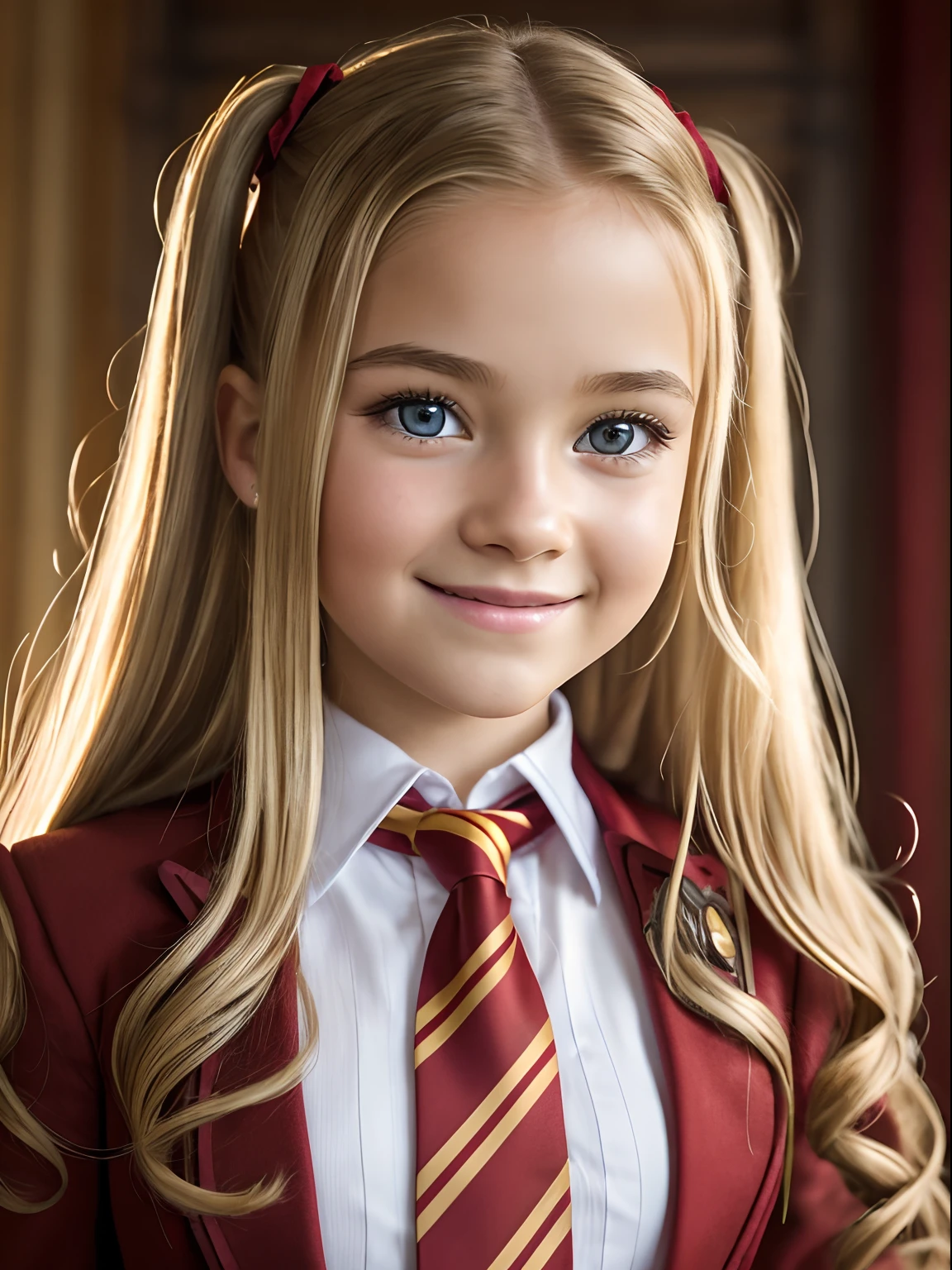 Professional realistic photography, Shot on a film SLR camera "Zorkiy-4", The focus is on a cute modest girl of 11 years old; natural blonde; long curly colored hair, Twintail; large shiny bright azure eyes, long fluffy eyelashes, Funny look; mischievous smile; Realistic form of the Hogwarts School of Magic, Gryffindor Faculty (scarlet and gold colors, striped tie); Full-length photo from afar; Natural realistic detailed texture of human skin; High Expansion, High-quality textures of clothing, Realistic hair; Studio photography, soft natural lighting