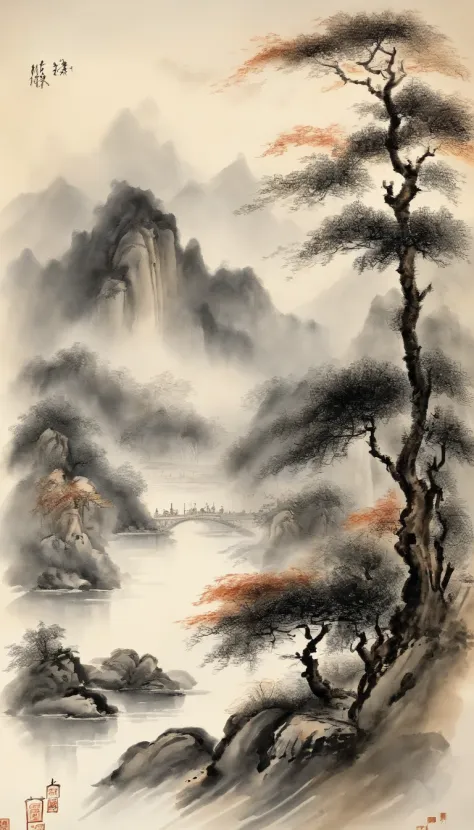 Chinese landscape painting，ink and watercolor painting，water ink，ink，Smudge，Meticulous，water ink，Smudge，Meticulous，Smudge，low-saturation，Low contrast，The light boat has crossed the Ten Thousand Heavy Mountains，Beautifully depicted，A detailed，acurate，Works ...