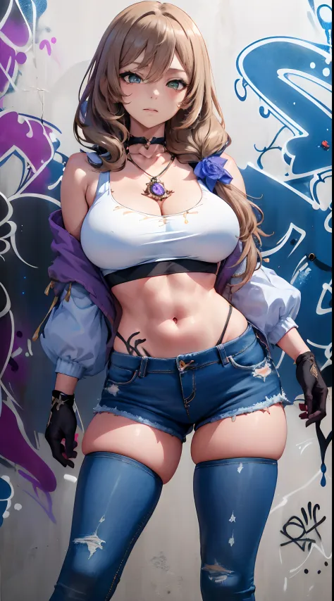 Lisa|genshin impact, master-piece, bestquality, 1girls,25 years old, shorts jeans, oversized breasts, ,bara, crop top, shorts jeans, choker, (Graffiti:1.5), Splash with purple lightning pattern., arm behind back, against wall, View viewers from the front.,...