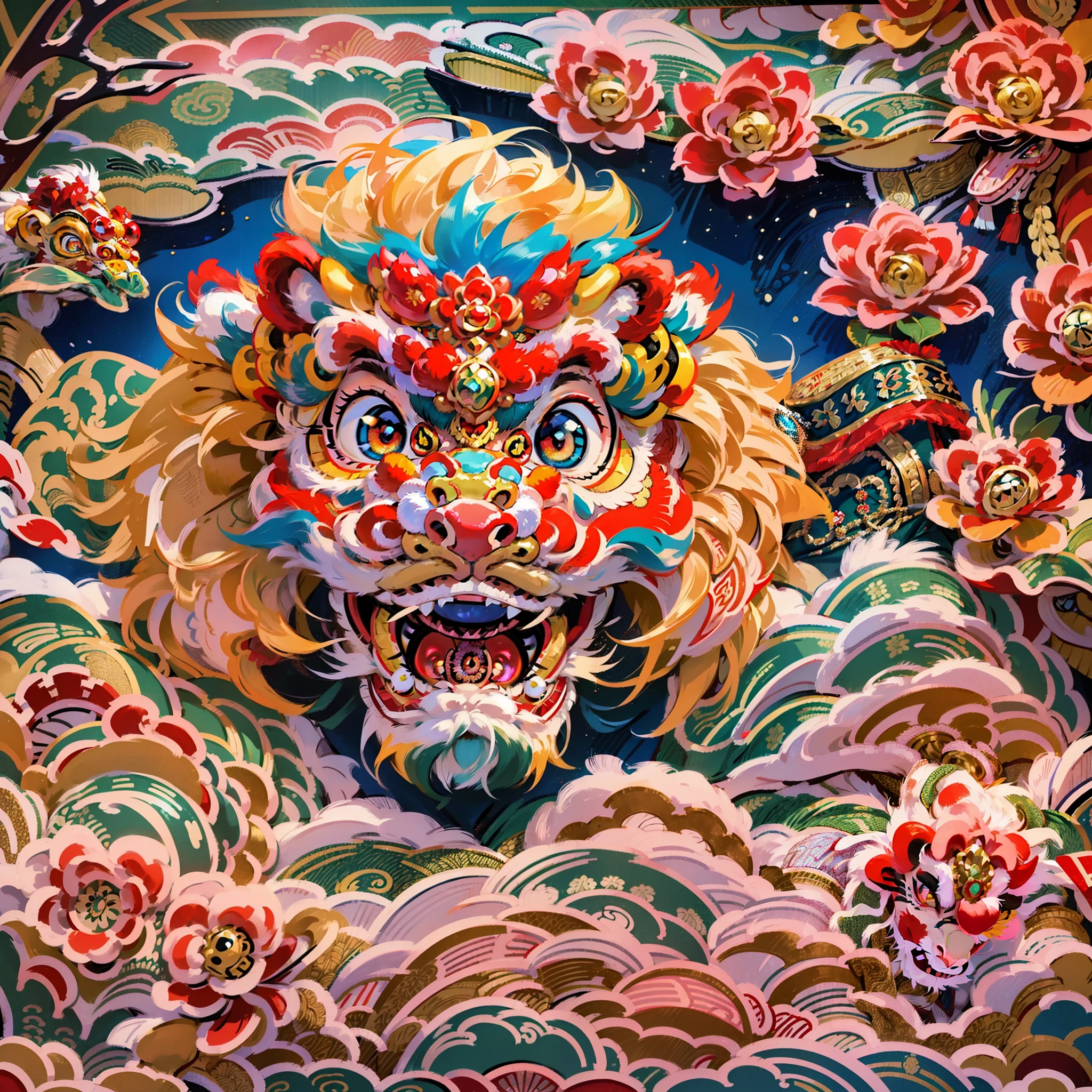 (Paper cut art style，)(Best picture quality, 4k,8k, high quality, masterpiece :1.2), super detail, (realistic, realistic, realistic :1.37),traditional lion dance performance, a powerful lion dance, constantly blinking eyes and shaking head, lion head beautifully made, red jewel eyes, Blue jewel forehead decoration, ornate and luxurious lion head artwork, Chinese elements, traditional cultural background, traditional craftsmanship, exquisite handcrafting, opulent, majestic, sparkling gemstones, lifelike details, bright colors, decorative pieces, East Asian heritage, cultural heritage, antiques, bronze sculptures, symbols of power and strength, traditional lion dance, Eye-catching center, sophisticated design, authentic presentation, impressive craftsmanship.