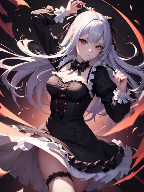 (masutepiece, Best Quality), (absurderes), (Illustration:1.2), (ultra-detailliert, 8K, 超A high resolution:1.2), 1girl in, 年轻, Cinematic, (Dynamic Pose:1.2), frilly dress, gothic room, light, Breaking the portrait