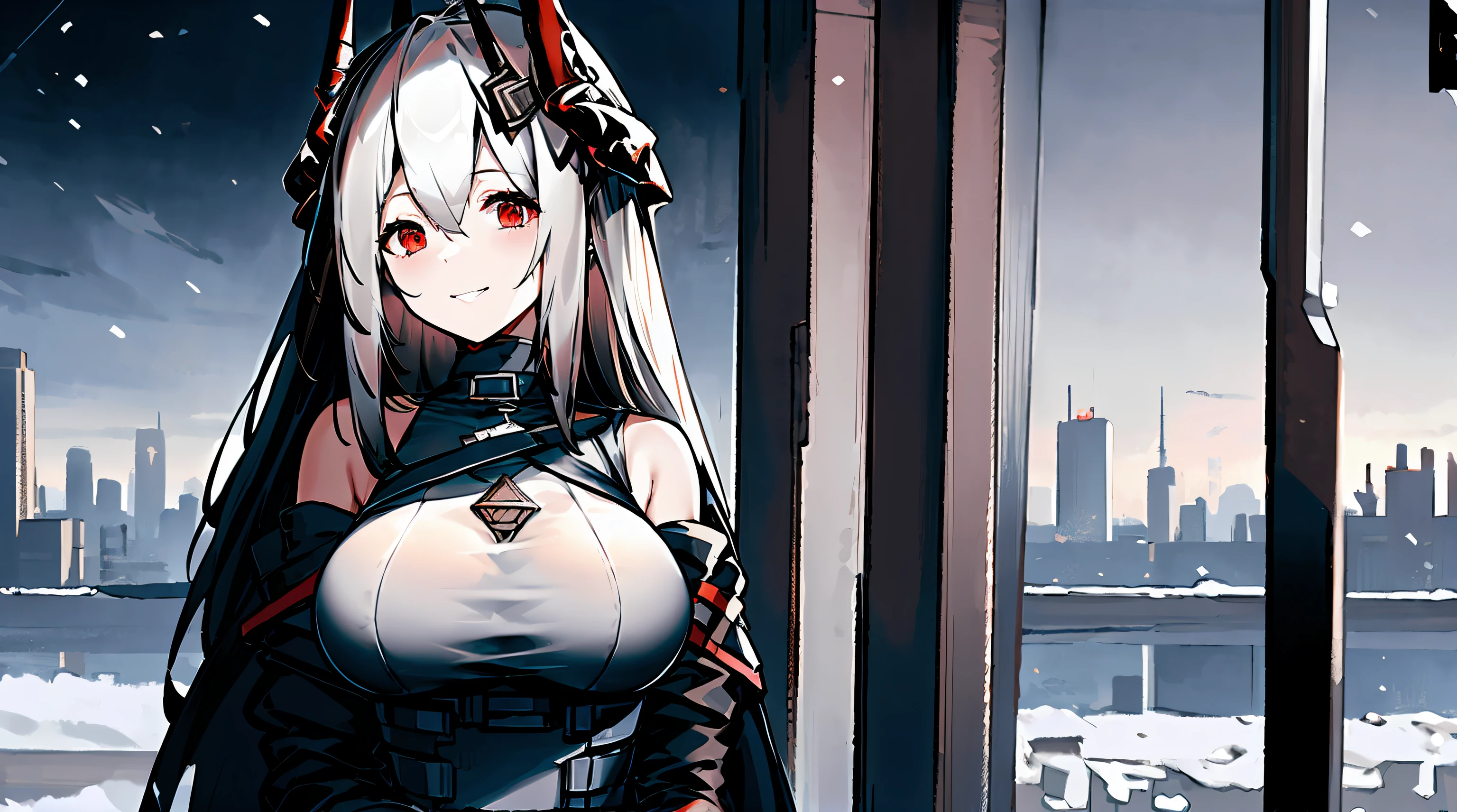 mudrockdefclass, mudrock (arknights), oripathy lesion (arknights), infection monitor (arknights), horns, black horns, smile, jacket, city, snow, looking at viewer, blue sky, day, big breasts, clouds, upper body,