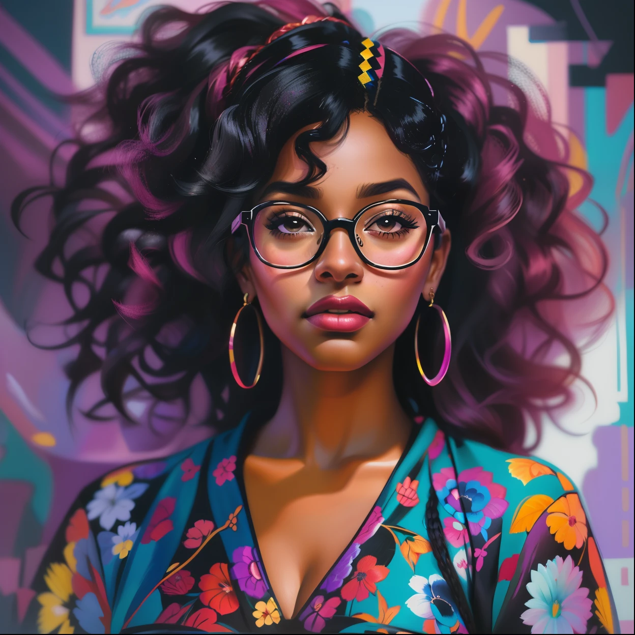 Um closeup de uma mulher negra com óculos e um vestido colorido, retrato de alta qualidade, em estilo de ilustração digital, ilustração de retrato épico, ilustração digital deslumbrante, linda ilustração digital, retrato bonito detalhado, estilo de arte impressionante, bela arte digital, tendências em arte, retrato colorido detalhado, pintura realista da  bonito, ilustração digital requintada, retrato de ilustração digital, retrato altamente detalhado