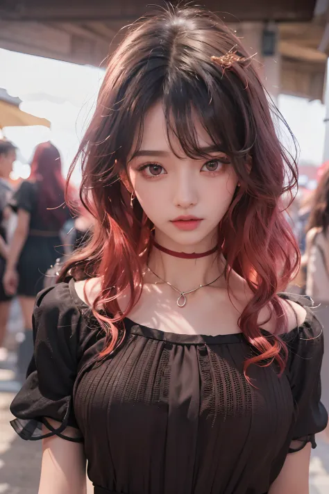 1girl in、in her 20s、((bobhair))、(((black hair, red dip-dye hair)))、(the tips of the hair are bright red)、((bangss))、(Photoreal Stick:1.2)、in 8K、(High quality shadows)、(A charming expression)、Detail Beautiful delicate face、Detail Beautiful delicate eyes、Cut...