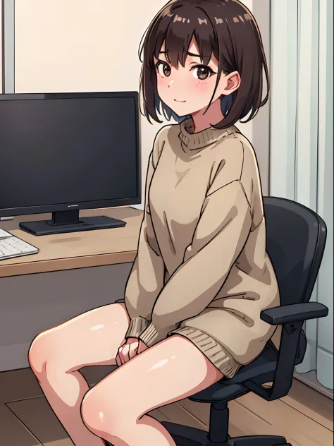 hiquality, tmasterpiece (One adult girl).  Plays on computers. looks at the monitor .short brown hair. brown eye. The clothes: grey sweater. bare feet. In the background is a room, sitting at a table. computer on desk.